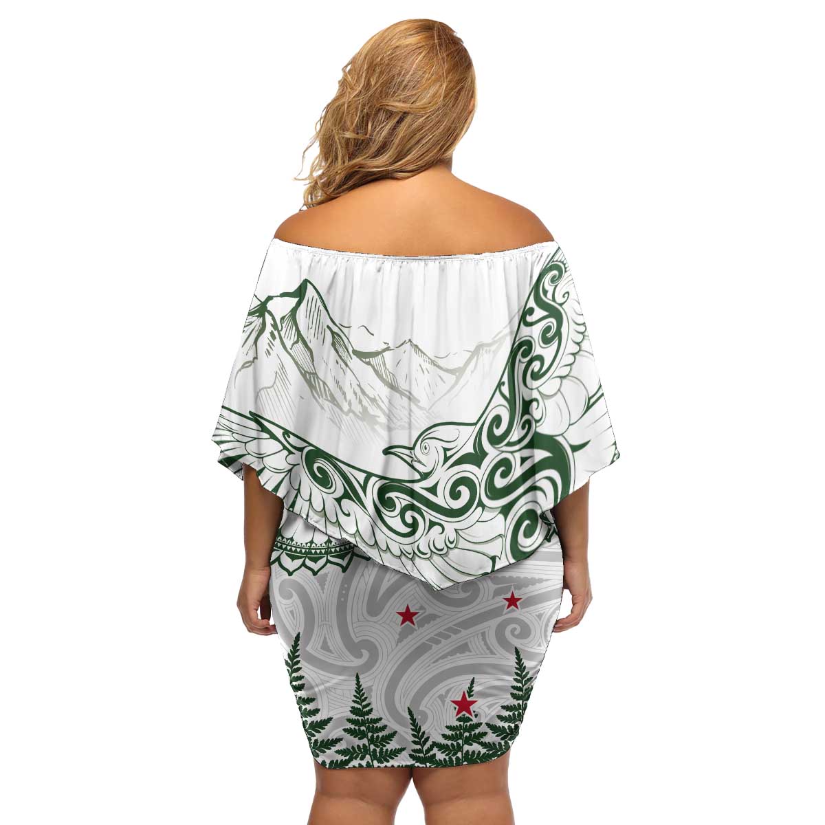 New Zealand Kea Bird Family Matching Off Shoulder Short Dress and Hawaiian Shirt Maori Tattoo and Silver Fern Green Color LT03 - Polynesian Pride