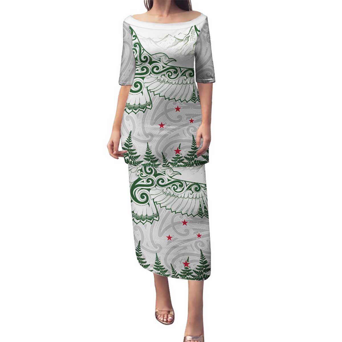 New Zealand Kea Bird Family Matching Puletasi and Hawaiian Shirt Maori Tattoo and Silver Fern Green Color LT03 Mom's Dress White - Polynesian Pride