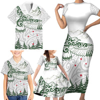 New Zealand Kea Bird Family Matching Short Sleeve Bodycon Dress and Hawaiian Shirt Maori Tattoo and Silver Fern Green Color LT03 - Polynesian Pride