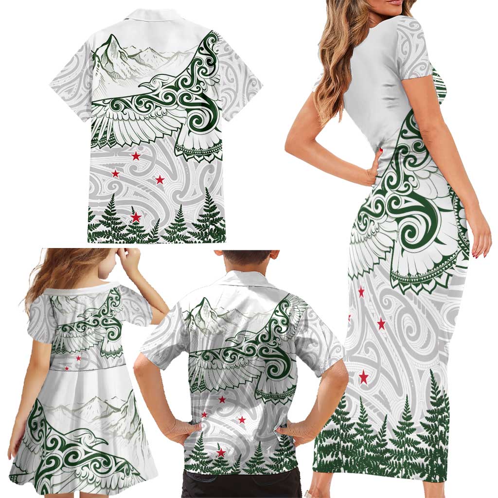 New Zealand Kea Bird Family Matching Short Sleeve Bodycon Dress and Hawaiian Shirt Maori Tattoo and Silver Fern Green Color LT03 - Polynesian Pride