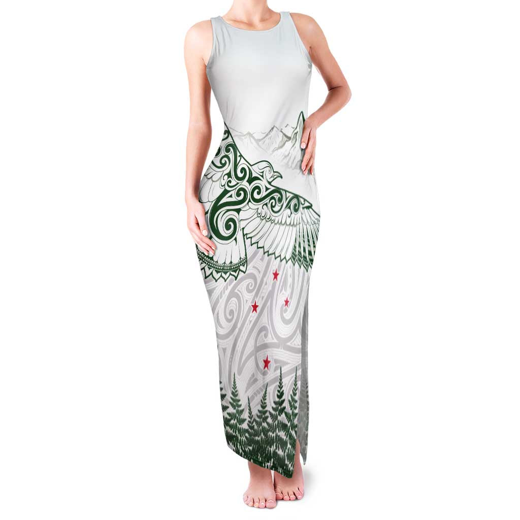 New Zealand Kea Bird Family Matching Tank Maxi Dress and Hawaiian Shirt Maori Tattoo and Silver Fern Green Color LT03 Mom's Dress White - Polynesian Pride