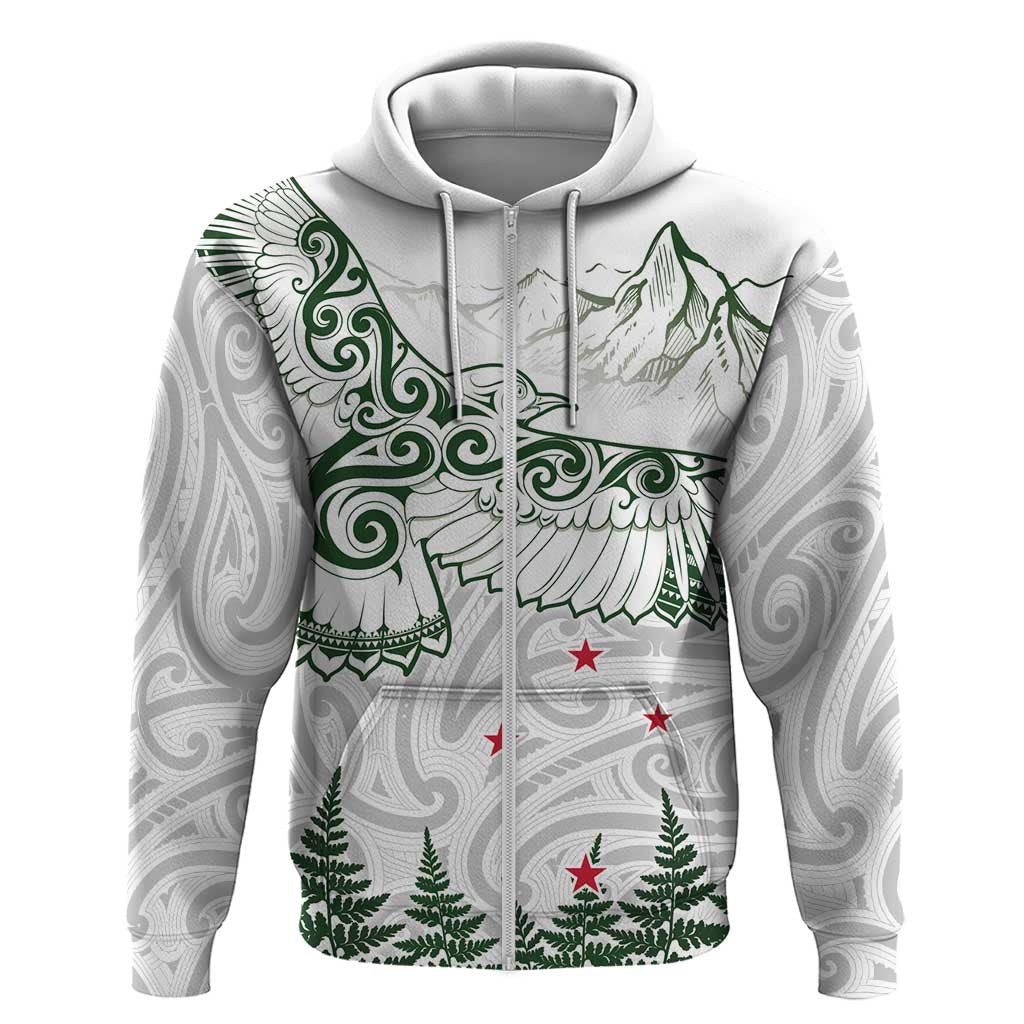 New Zealand Kea Bird Hoodie Maori Tattoo and Silver Fern Green Color LT03 Zip Hoodie White - Polynesian Pride