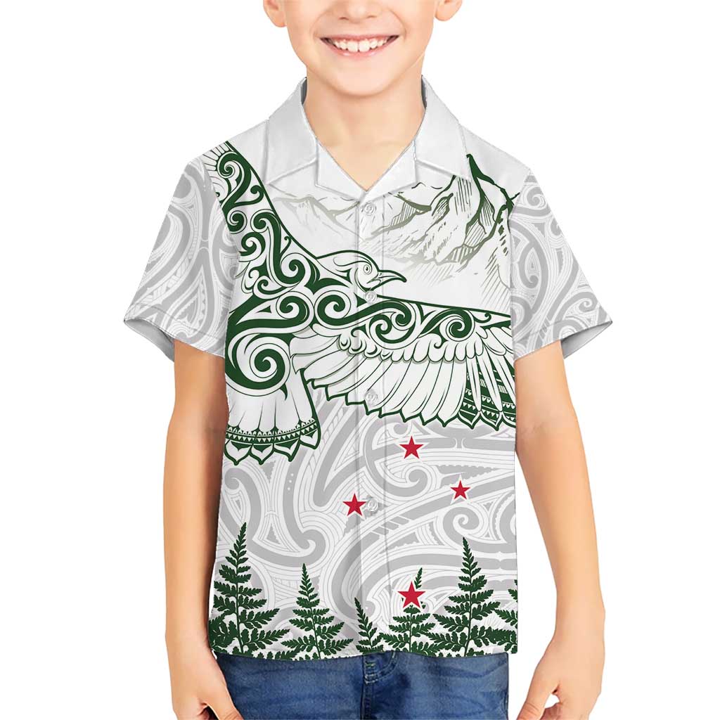 New Zealand Kea Bird Kid Hawaiian Shirt Maori Tattoo and Silver Fern Green Color LT03 Kid White - Polynesian Pride
