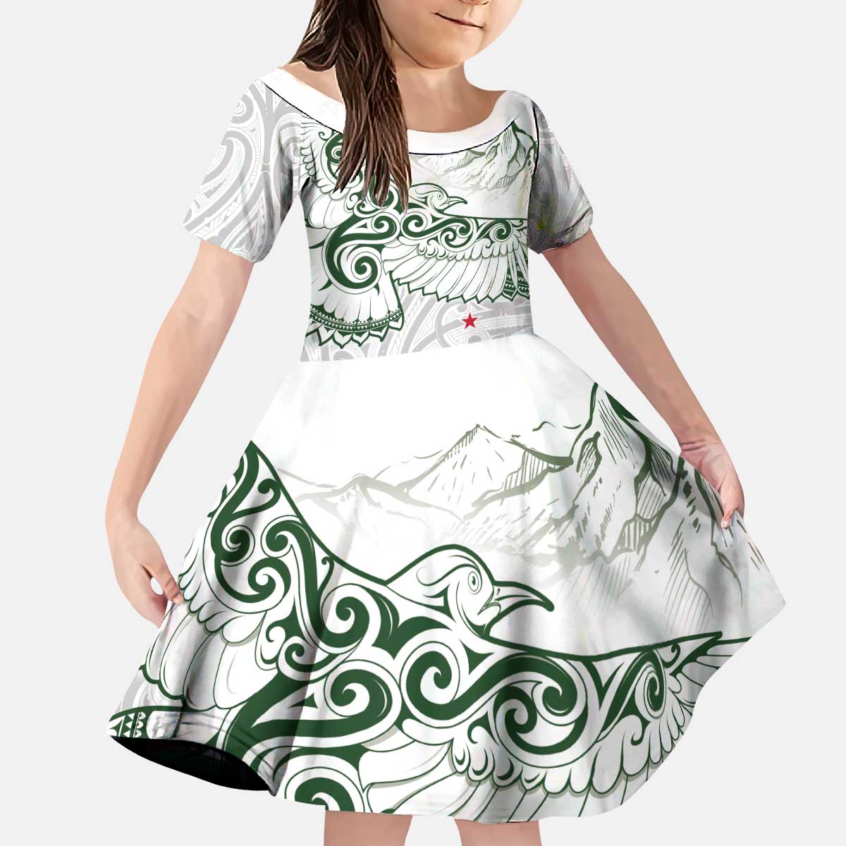 New Zealand Kea Bird Kid Short Sleeve Dress Maori Tattoo and Silver Fern Green Color LT03 KID White - Polynesian Pride