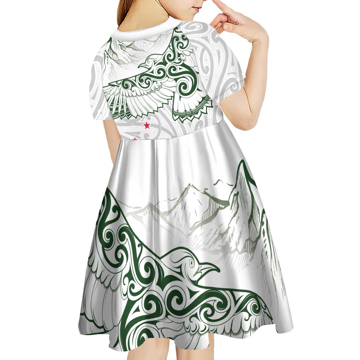 New Zealand Kea Bird Kid Short Sleeve Dress Maori Tattoo and Silver Fern Green Color LT03 - Polynesian Pride