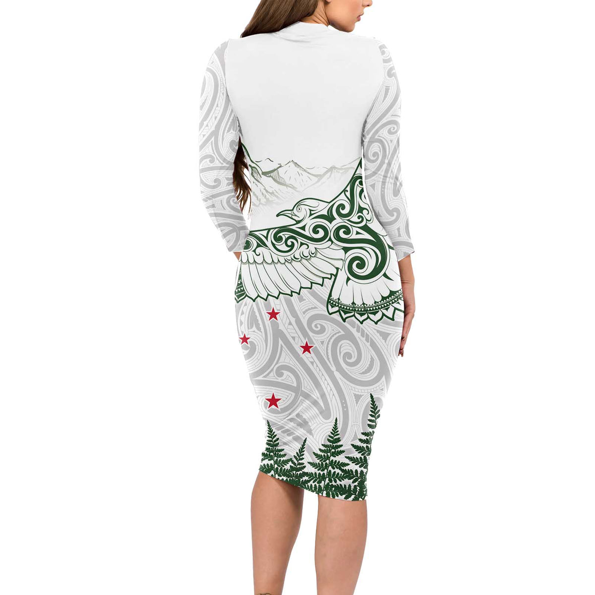 New Zealand Kea Bird Long Sleeve Bodycon Dress Maori Tattoo and Silver Fern Green Color LT03 - Polynesian Pride