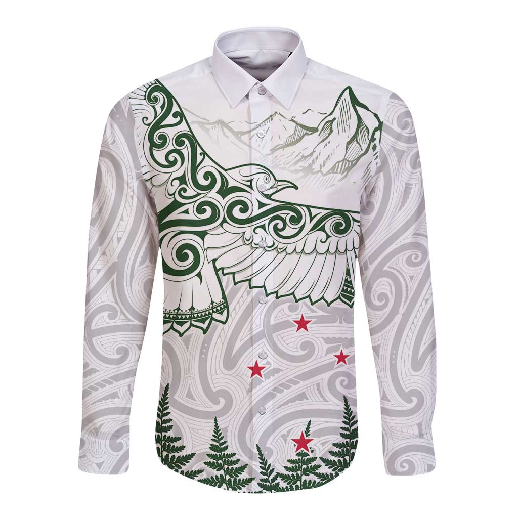 New Zealand Kea Bird Long Sleeve Button Shirt Maori Tattoo and Silver Fern Green Color LT03 Unisex White - Polynesian Pride