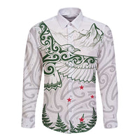 New Zealand Kea Bird Long Sleeve Button Shirt Maori Tattoo and Silver Fern Green Color LT03 Unisex White - Polynesian Pride