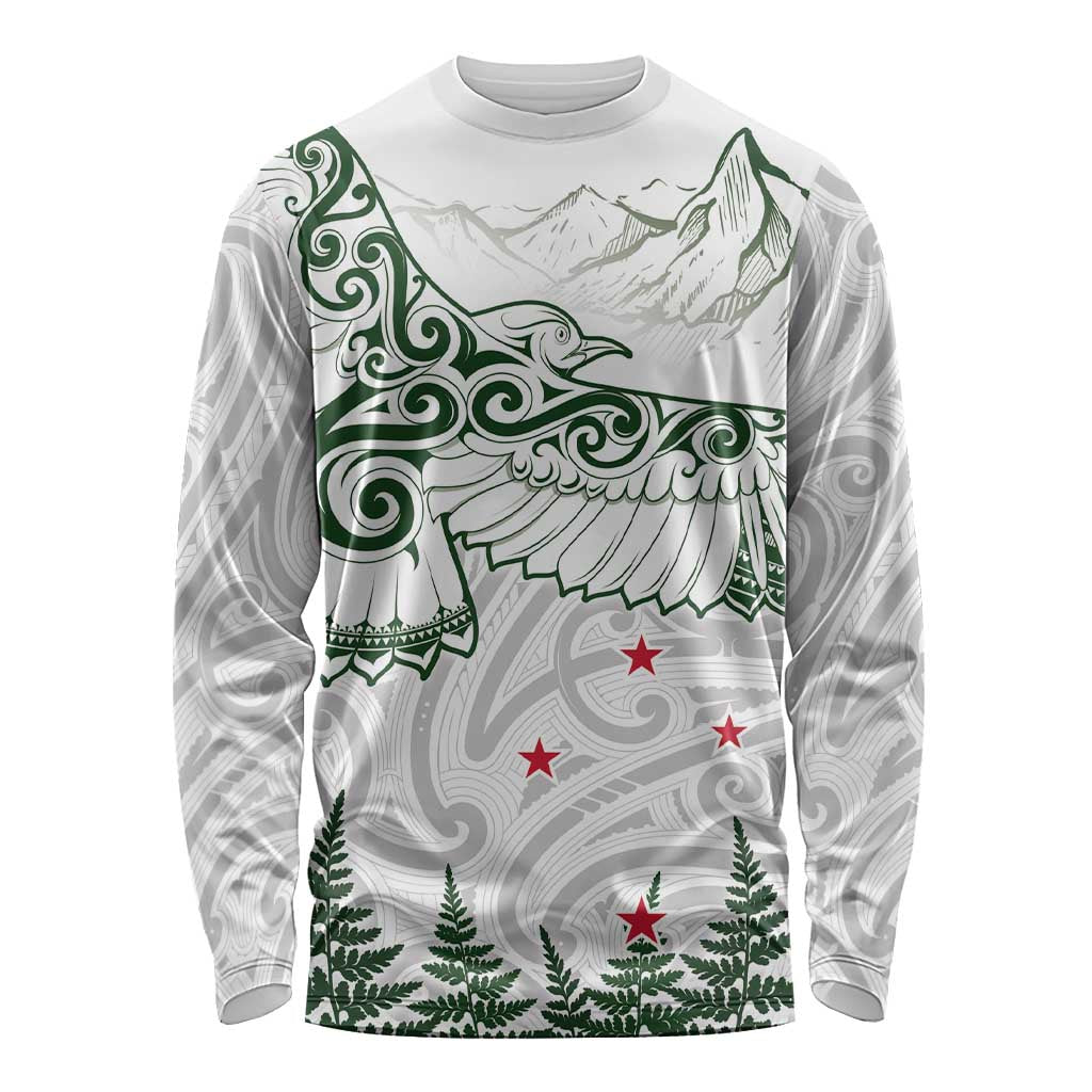 New Zealand Kea Bird Long Sleeve Shirt Maori Tattoo and Silver Fern Green Color LT03 Unisex White - Polynesian Pride