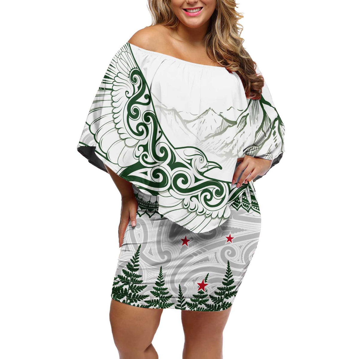 New Zealand Kea Bird Off Shoulder Short Dress Maori Tattoo and Silver Fern Green Color LT03 Women White - Polynesian Pride