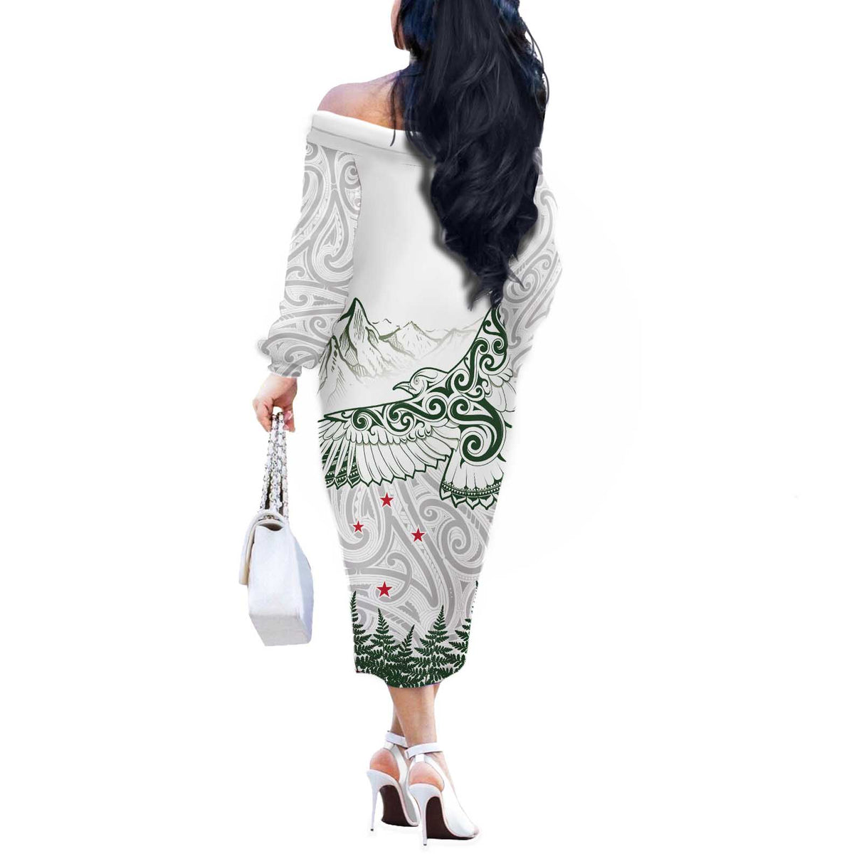 New Zealand Kea Bird Off The Shoulder Long Sleeve Dress Maori Tattoo and Silver Fern Green Color LT03 - Polynesian Pride