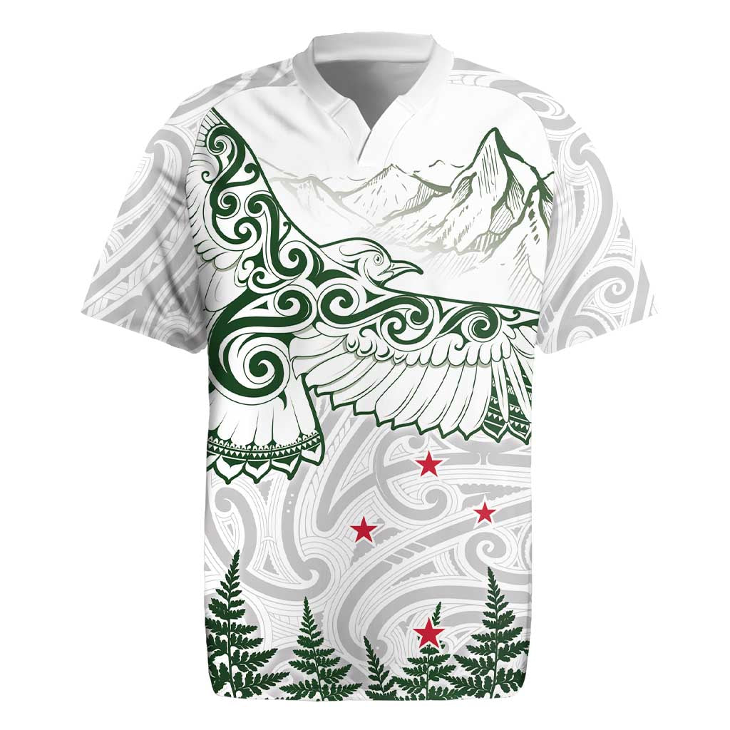 New Zealand Kea Bird Rugby Jersey Maori Tattoo and Silver Fern Green Color LT03 White - Polynesian Pride