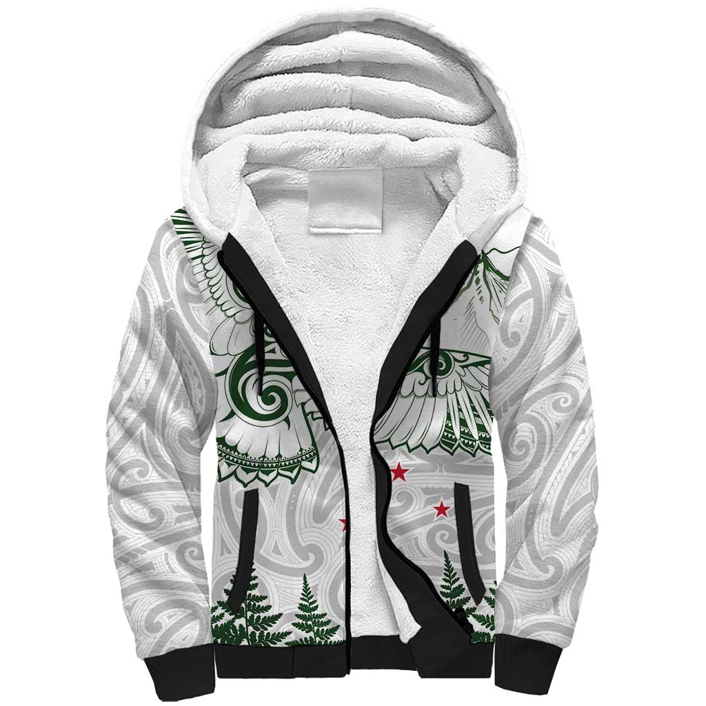 New Zealand Kea Bird Sherpa Hoodie Maori Tattoo and Silver Fern Green Color LT03 Unisex White - Polynesian Pride
