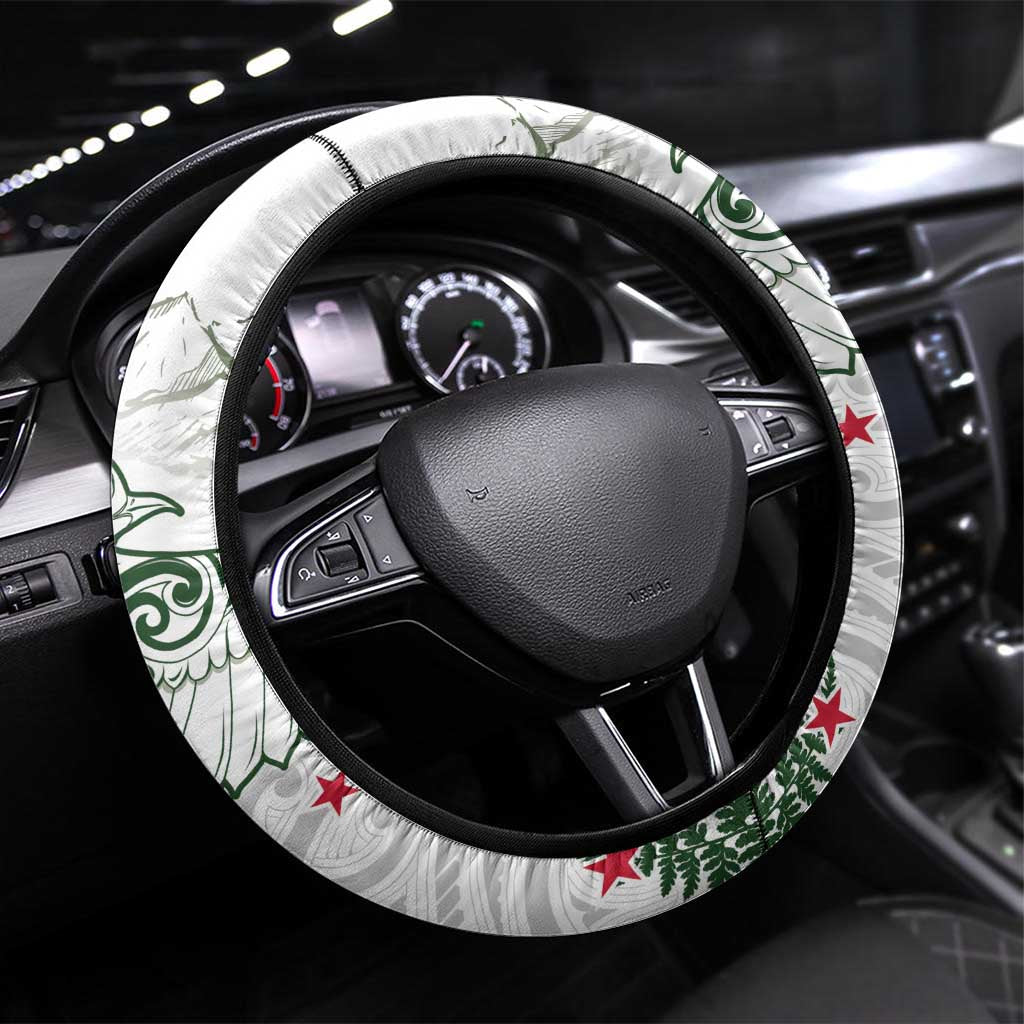 New Zealand Kea Bird Steering Wheel Cover Maori Tattoo and Silver Fern Green Color LT03 Universal Fit White - Polynesian Pride
