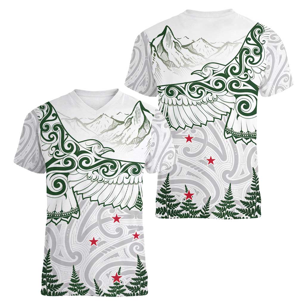 New Zealand Kea Bird Women V-Neck T-Shirt Maori Tattoo and Silver Fern Green Color
