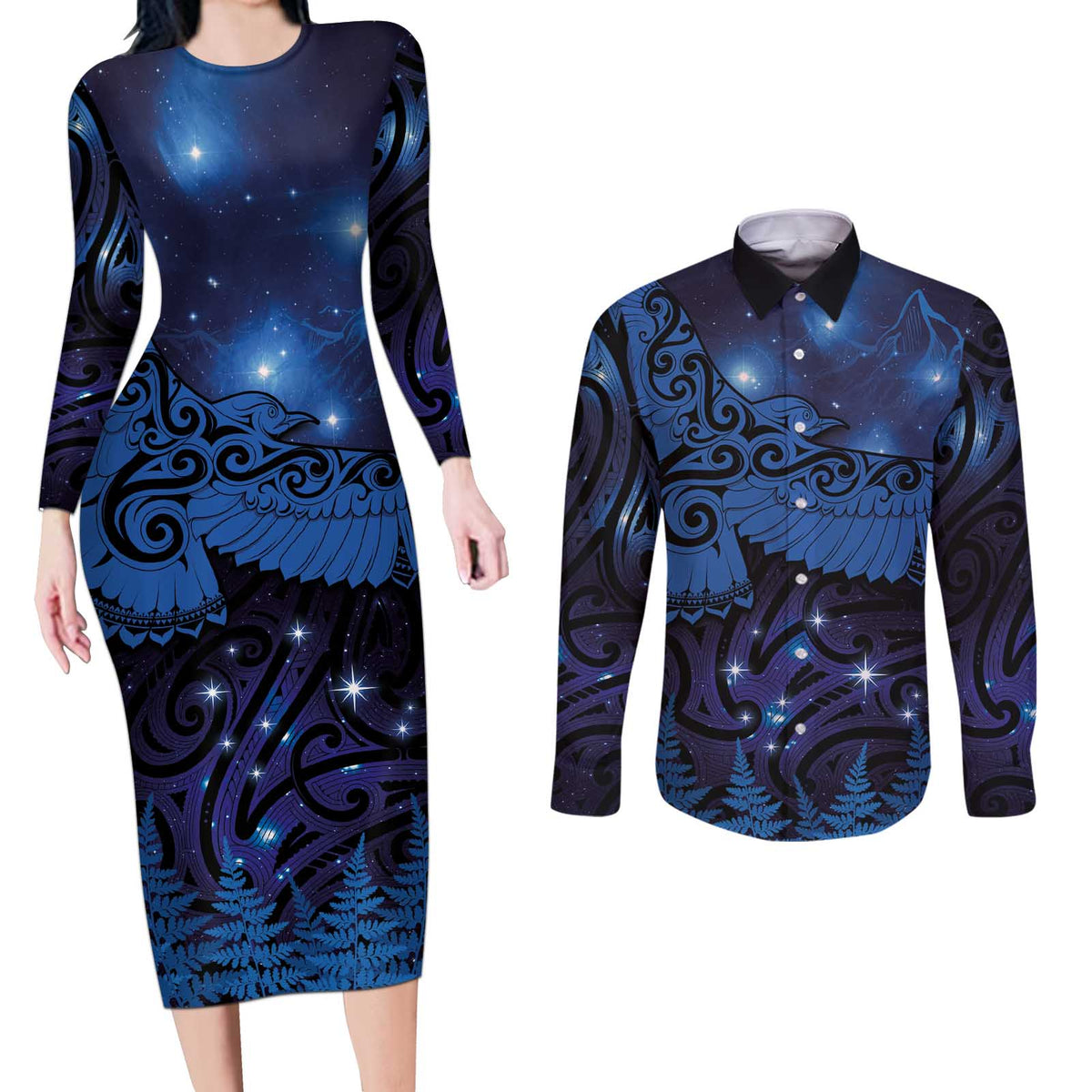 New Zealand Kea Bird Couples Matching Long Sleeve Bodycon Dress and Long Sleeve Button Shirt Maori Tattoo and Silver Fern Matariki Style LT03 Blue - Polynesian Pride