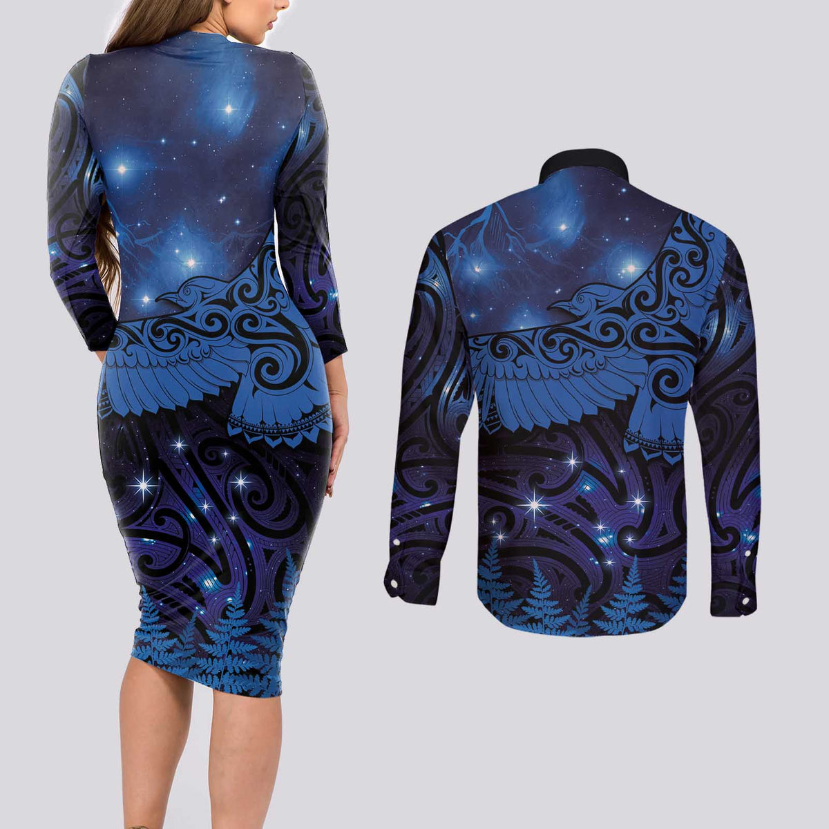 New Zealand Kea Bird Couples Matching Long Sleeve Bodycon Dress and Long Sleeve Button Shirt Maori Tattoo and Silver Fern Matariki Style LT03 - Polynesian Pride