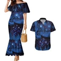 New Zealand Kea Bird Couples Matching Mermaid Dress and Hawaiian Shirt Maori Tattoo and Silver Fern Matariki Style LT03 Blue - Polynesian Pride