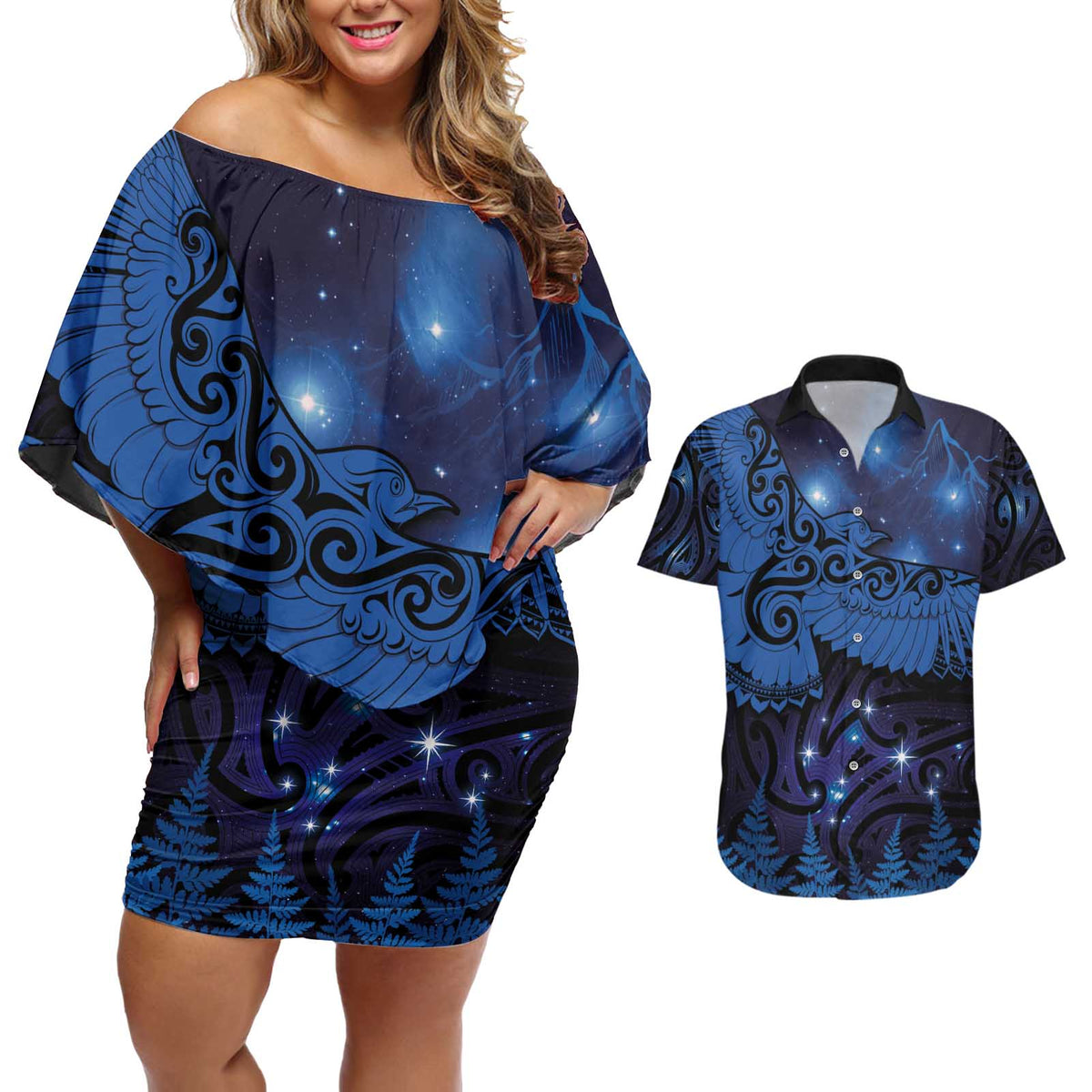 New Zealand Kea Bird Couples Matching Off Shoulder Short Dress and Hawaiian Shirt Maori Tattoo and Silver Fern Matariki Style LT03 Blue - Polynesian Pride