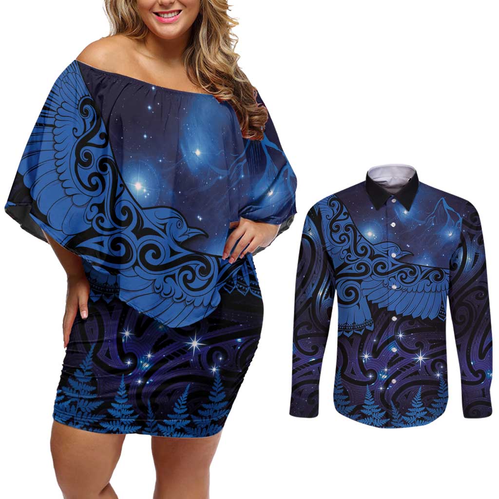 New Zealand Kea Bird Couples Matching Off Shoulder Short Dress and Long Sleeve Button Shirt Maori Tattoo and Silver Fern Matariki Style LT03 Blue - Polynesian Pride