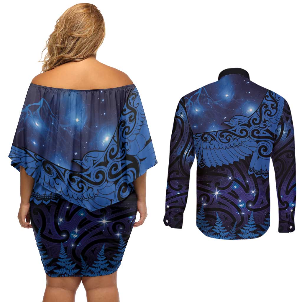 New Zealand Kea Bird Couples Matching Off Shoulder Short Dress and Long Sleeve Button Shirt Maori Tattoo and Silver Fern Matariki Style LT03 - Polynesian Pride