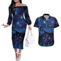 New Zealand Kea Bird Couples Matching Off The Shoulder Long Sleeve Dress and Hawaiian Shirt Maori Tattoo and Silver Fern Matariki Style LT03 Blue - Polynesian Pride