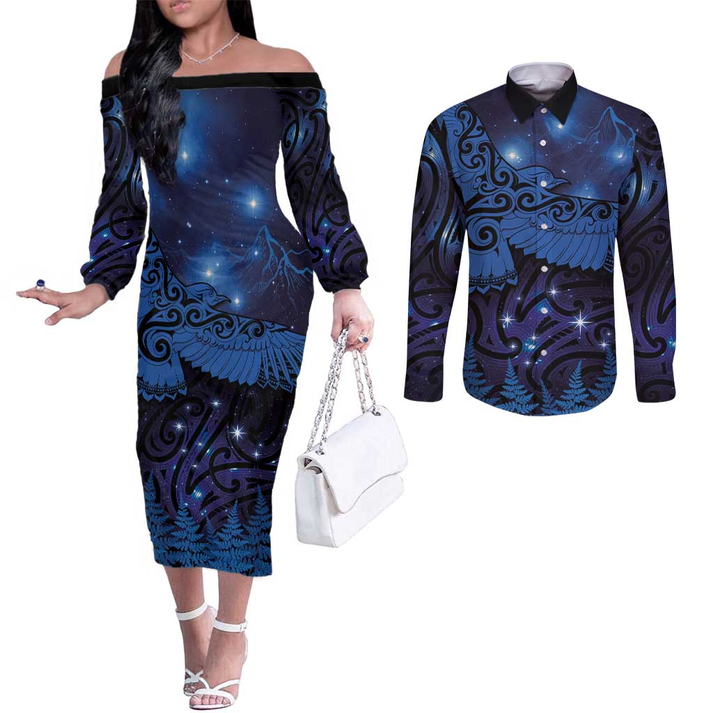 New Zealand Kea Bird Couples Matching Off The Shoulder Long Sleeve Dress and Long Sleeve Button Shirt Maori Tattoo and Silver Fern Matariki Style LT03 Blue - Polynesian Pride