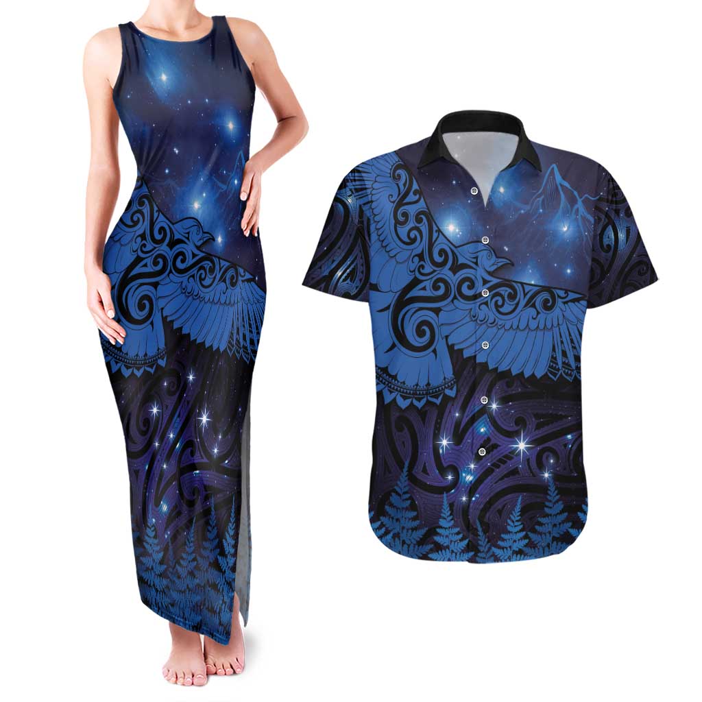 New Zealand Kea Bird Couples Matching Tank Maxi Dress and Hawaiian Shirt Maori Tattoo and Silver Fern Matariki Style LT03 Blue - Polynesian Pride