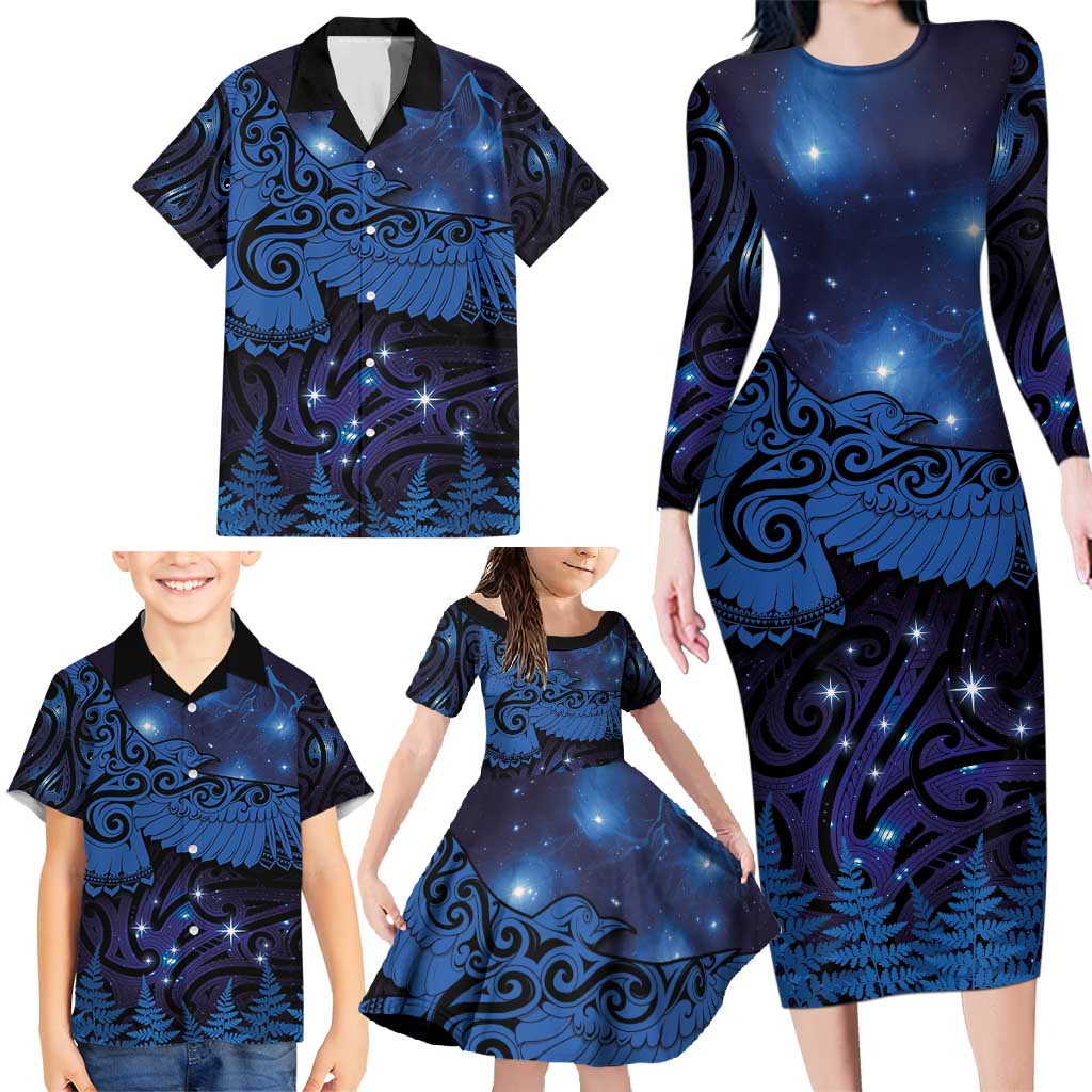 New Zealand Kea Bird Family Matching Long Sleeve Bodycon Dress and Hawaiian Shirt Maori Tattoo and Silver Fern Matariki Style LT03 - Polynesian Pride