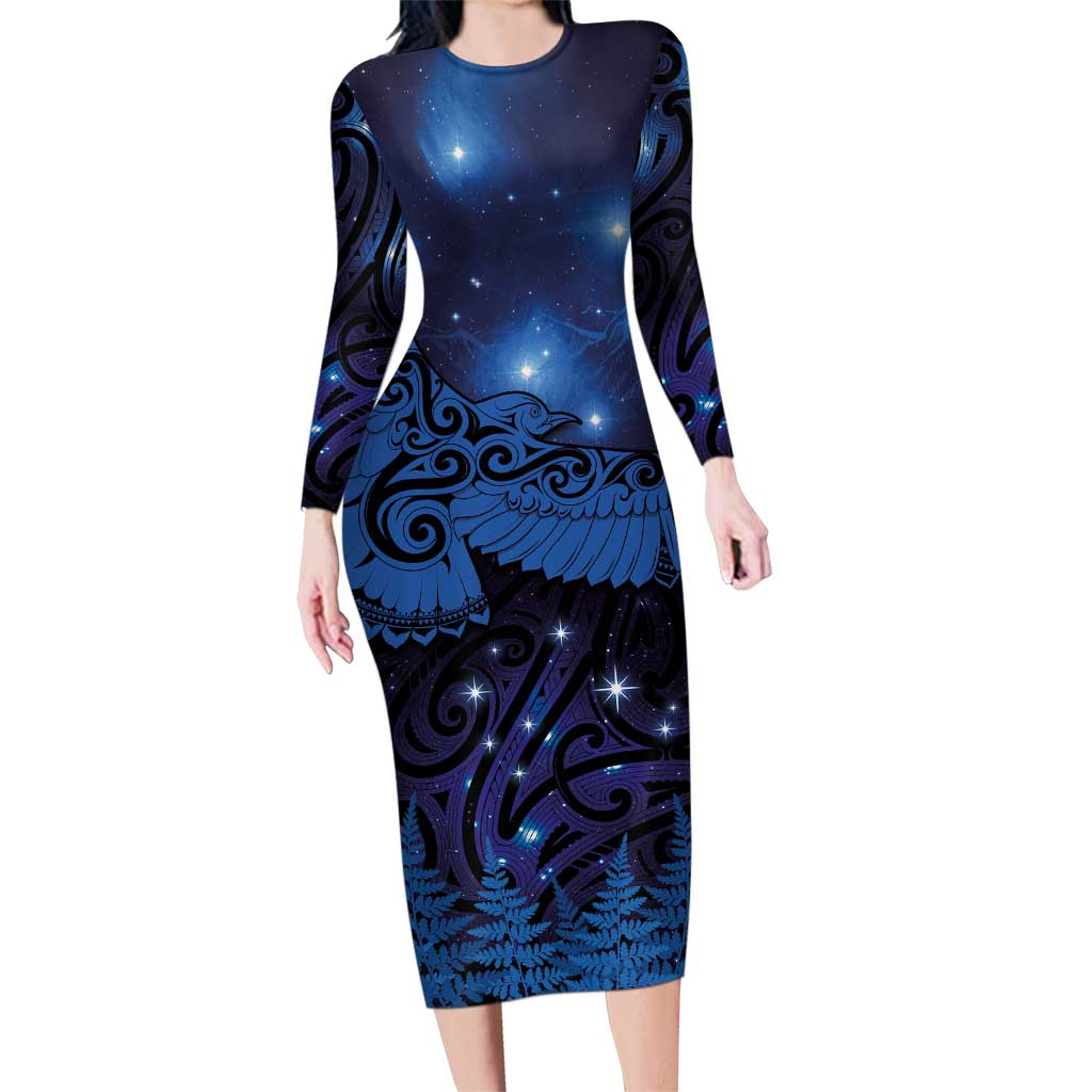 New Zealand Kea Bird Family Matching Long Sleeve Bodycon Dress and Hawaiian Shirt Maori Tattoo and Silver Fern Matariki Style LT03 Mom's Dress Blue - Polynesian Pride