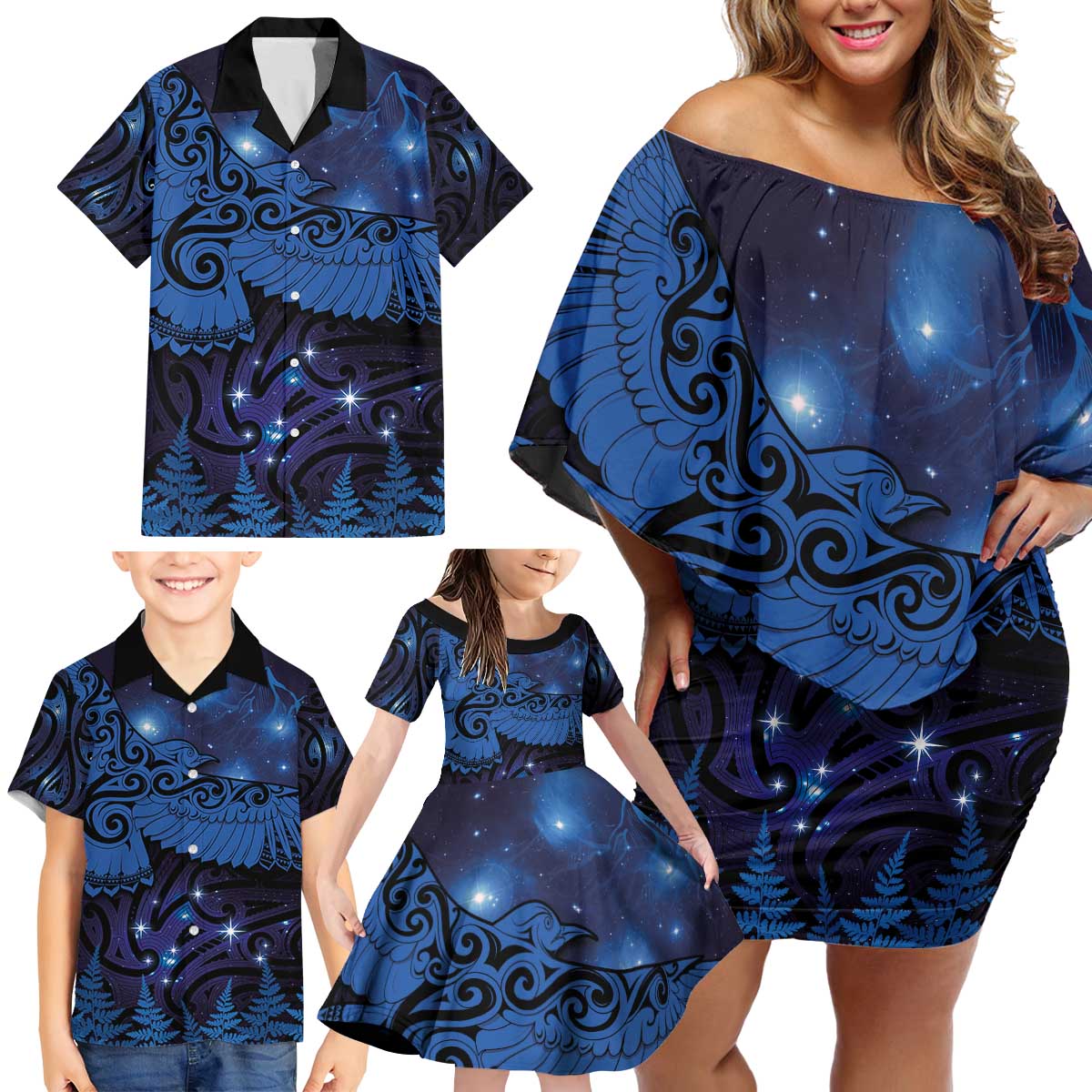 New Zealand Kea Bird Family Matching Off Shoulder Short Dress and Hawaiian Shirt Maori Tattoo and Silver Fern Matariki Style LT03 - Polynesian Pride