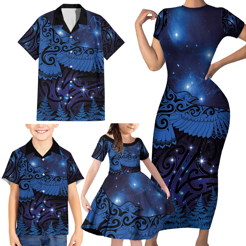 New Zealand Kea Bird Family Matching Short Sleeve Bodycon Dress and Hawaiian Shirt Maori Tattoo and Silver Fern Matariki Style LT03 - Polynesian Pride