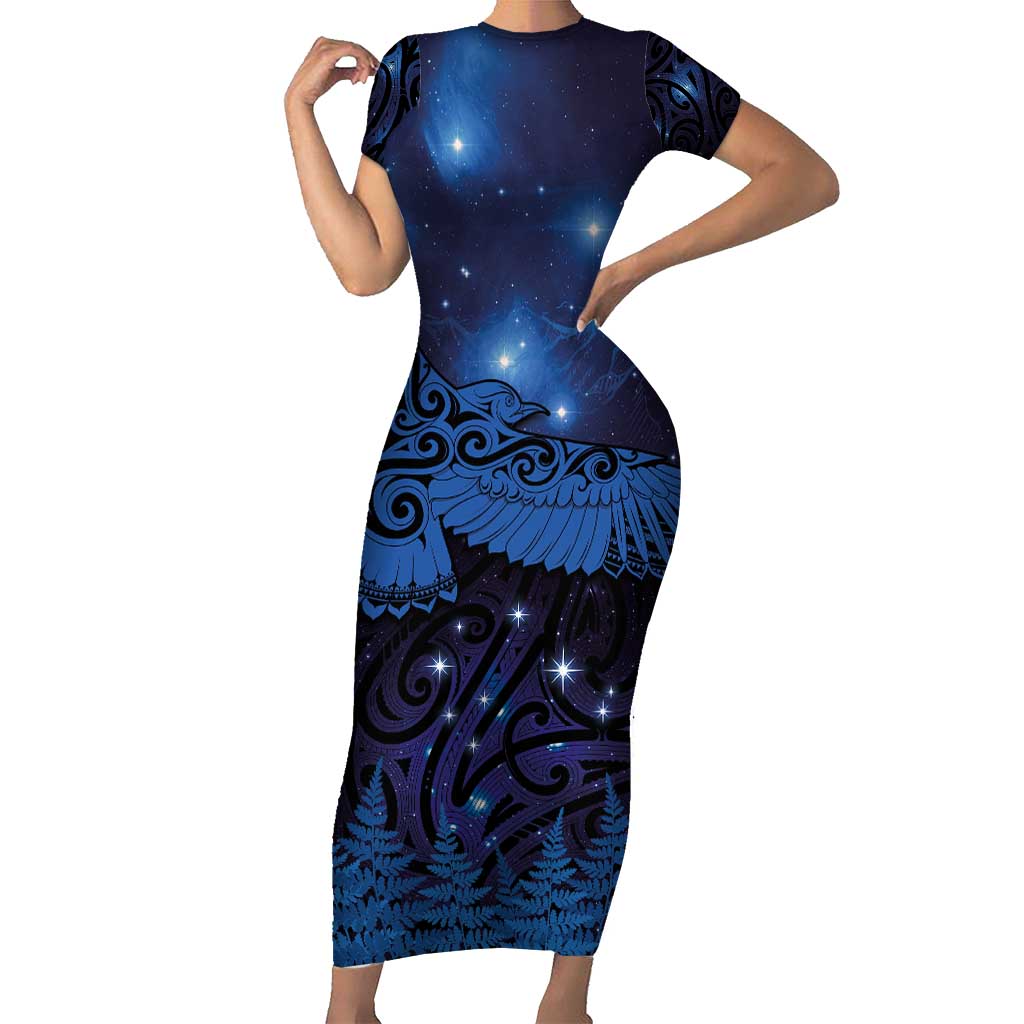 New Zealand Kea Bird Family Matching Short Sleeve Bodycon Dress and Hawaiian Shirt Maori Tattoo and Silver Fern Matariki Style LT03 Mom's Dress Blue - Polynesian Pride