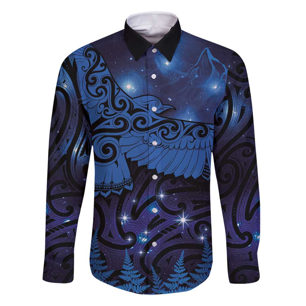 New Zealand Kea Bird Family Matching Summer Maxi Dress and Hawaiian Shirt Maori Tattoo and Silver Fern Matariki Style LT03 Dad's Shirt - Long Sleeve Blue - Polynesian Pride