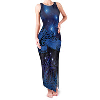 New Zealand Kea Bird Family Matching Tank Maxi Dress and Hawaiian Shirt Maori Tattoo and Silver Fern Matariki Style LT03 Mom's Dress Blue - Polynesian Pride