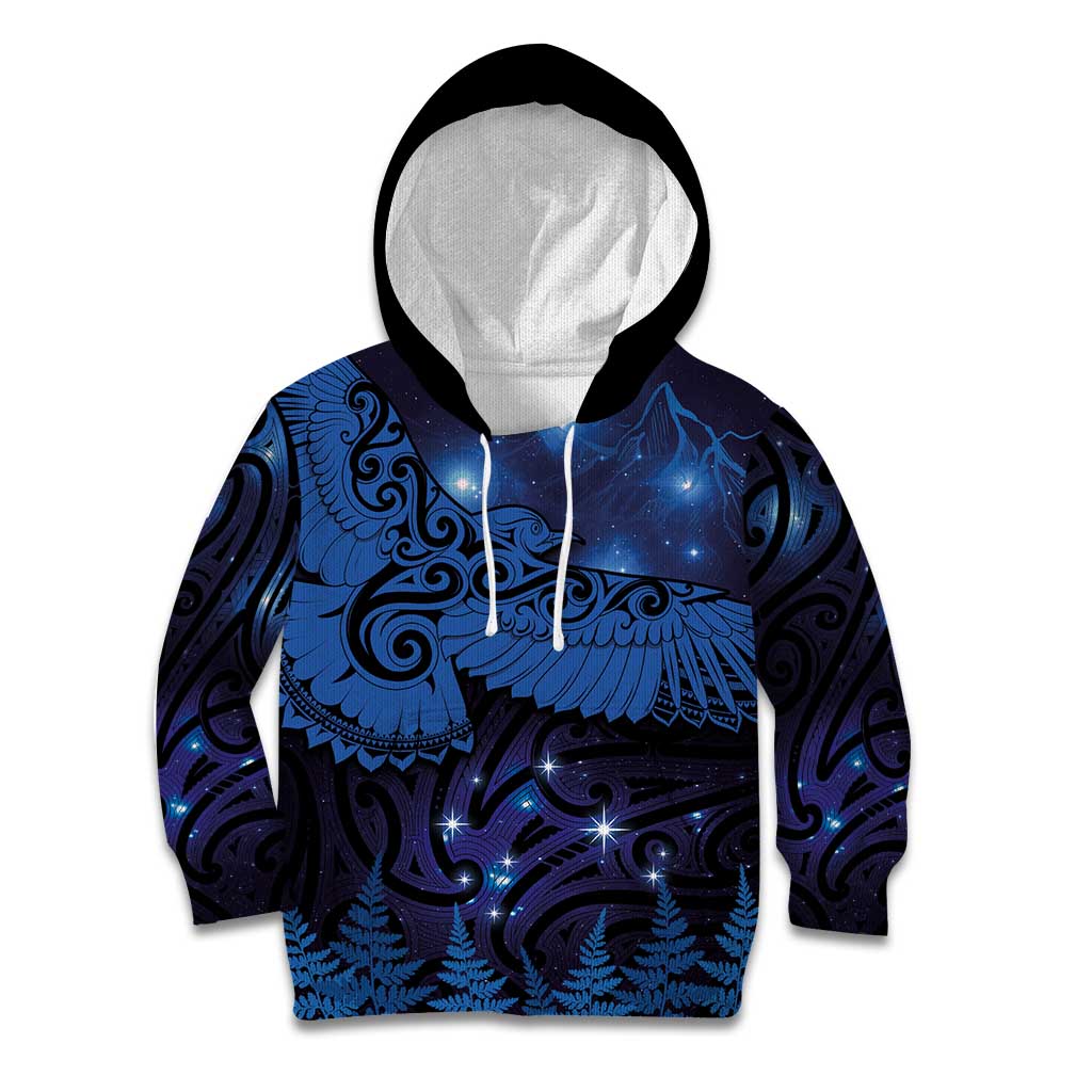 New Zealand Kea Bird Kid Hoodie Maori Tattoo and Silver Fern Matariki Style LT03 Hoodie Blue - Polynesian Pride