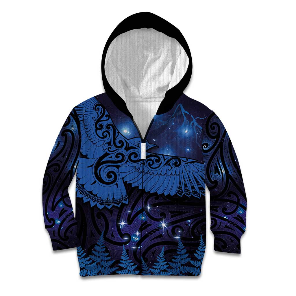 New Zealand Kea Bird Kid Hoodie Maori Tattoo and Silver Fern Matariki Style LT03 Zip Hoodie Blue - Polynesian Pride