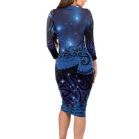 New Zealand Kea Bird Long Sleeve Bodycon Dress Maori Tattoo and Silver Fern Matariki Style LT03 - Polynesian Pride