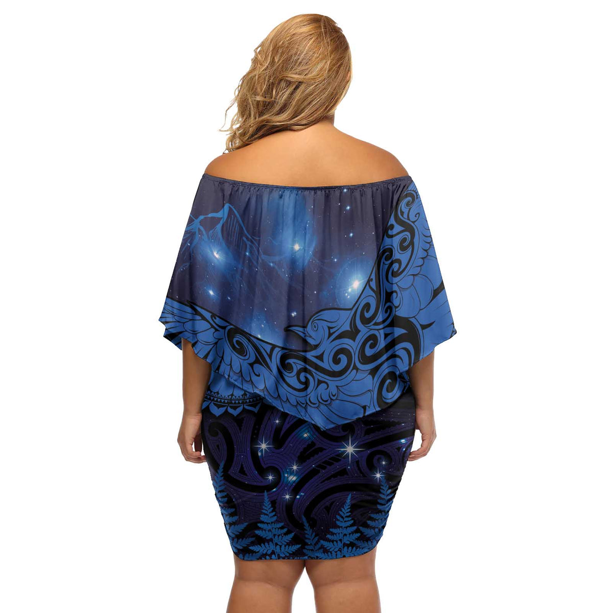 New Zealand Kea Bird Off Shoulder Short Dress Maori Tattoo and Silver Fern Matariki Style LT03 - Polynesian Pride