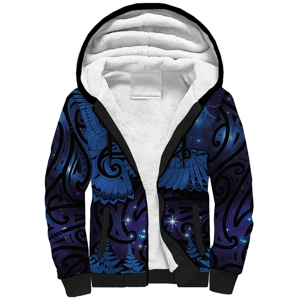 New Zealand Kea Bird Sherpa Hoodie Maori Tattoo and Silver Fern Matariki Style LT03 Unisex Blue - Polynesian Pride