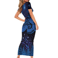 New Zealand Kea Bird Short Sleeve Bodycon Dress Maori Tattoo and Silver Fern Matariki Style LT03 - Polynesian Pride