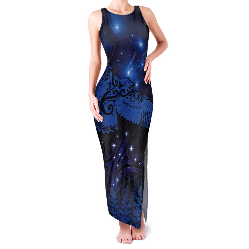 New Zealand Kea Bird Tank Maxi Dress Maori Tattoo and Silver Fern Matariki Style LT03 Women Blue - Polynesian Pride