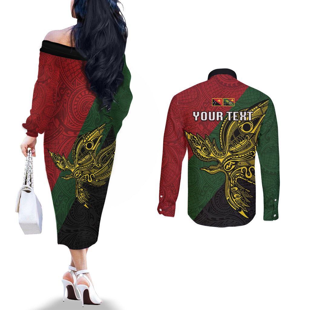 Custom Papua New Guinea Chimbu Province Couples Matching Off The Shoulder Long Sleeve Dress and Long Sleeve Button Shirts PNG Birds Of Paradise Polynesian Arty Style LT03 - Polynesian Pride