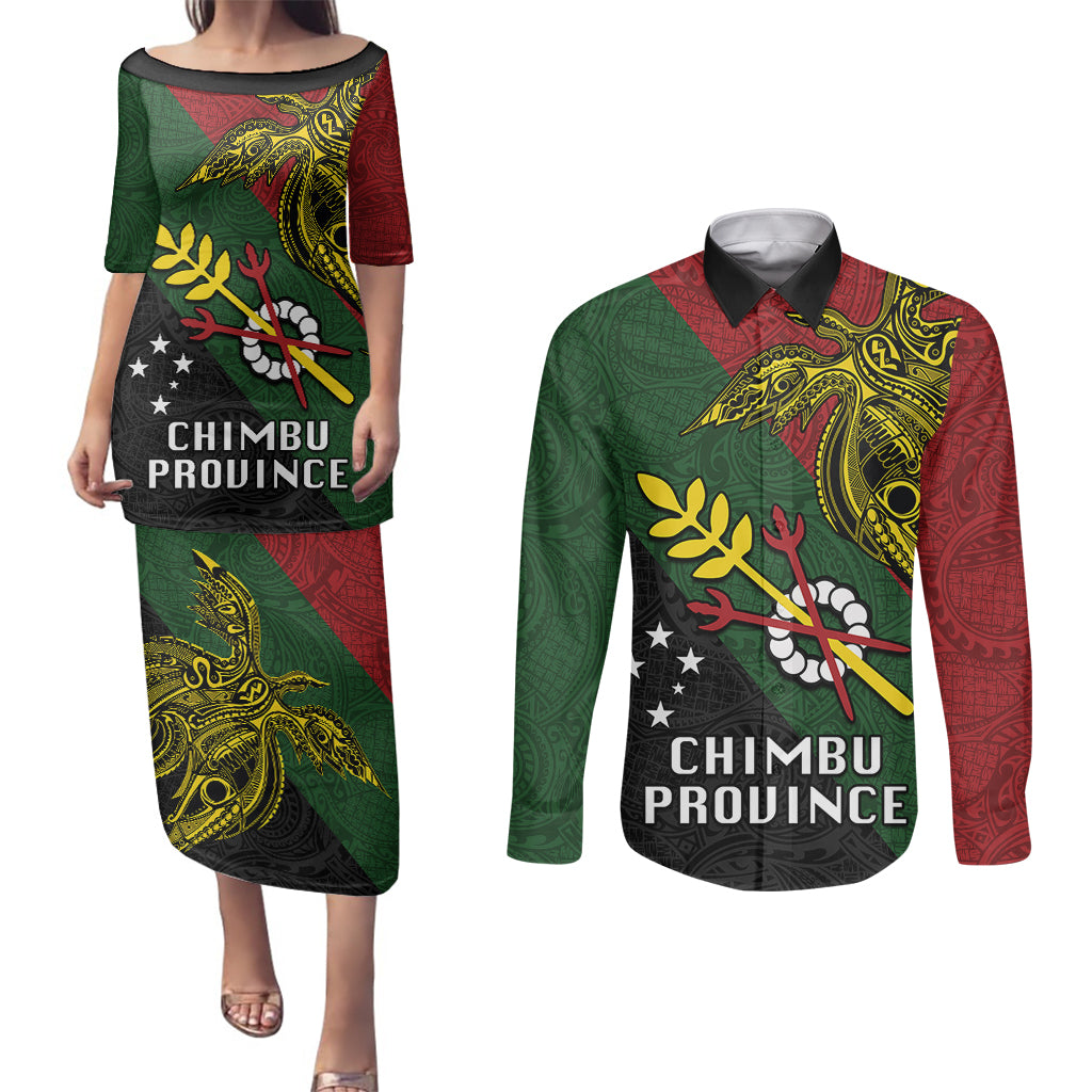 Custom Papua New Guinea Chimbu Province Couples Matching Puletasi Dress and Long Sleeve Button Shirts PNG Birds Of Paradise Polynesian Arty Style LT03 Green - Polynesian Pride