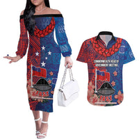 CHOGM FAST Samoa 2024 Couples Matching Off The Shoulder Long Sleeve Dress and Hawaiian Shirt Samoan Tapa Tribal and Ornament Pattern with Hibiscus