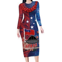 CHOGM FAST Samoa 2024 Family Matching Long Sleeve Bodycon Dress and Hawaiian Shirt Samoan Tapa Tribal and Ornament Pattern with Hibiscus LT03 Mom's Dress Blue - Polynesian Pride