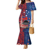 CHOGM FAST Samoa 2024 Family Matching Mermaid Dress and Hawaiian Shirt Samoan Tapa Tribal and Ornament Pattern with Hibiscus LT03 Mom's Dress Blue - Polynesian Pride