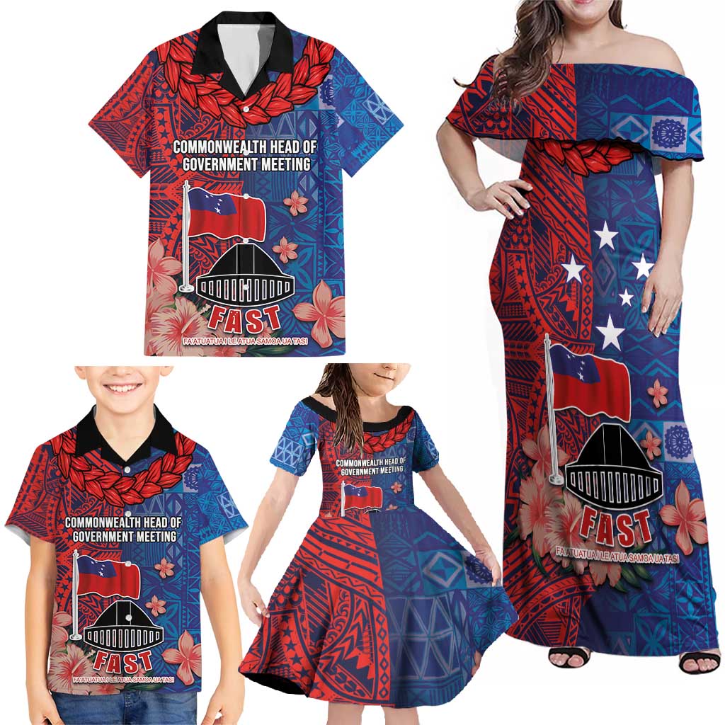 CHOGM FAST Samoa 2024 Family Matching Off Shoulder Maxi Dress and Hawaiian Shirt Samoan Tapa Tribal and Ornament Pattern with Hibiscus LT03 - Polynesian Pride