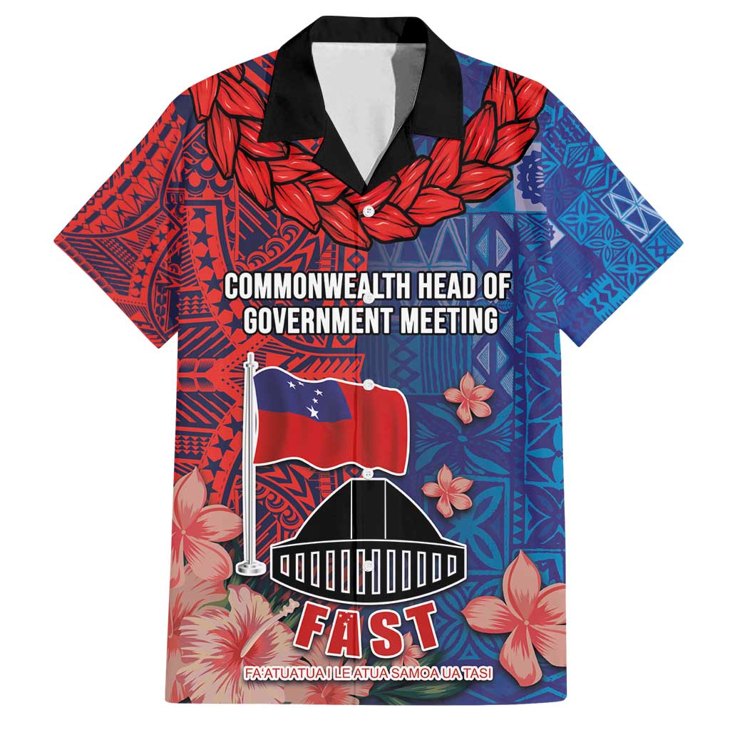 CHOGM FAST Samoa 2024 Family Matching Off Shoulder Maxi Dress and Hawaiian Shirt Samoan Tapa Tribal and Ornament Pattern with Hibiscus LT03 Dad's Shirt - Short Sleeve Blue - Polynesian Pride