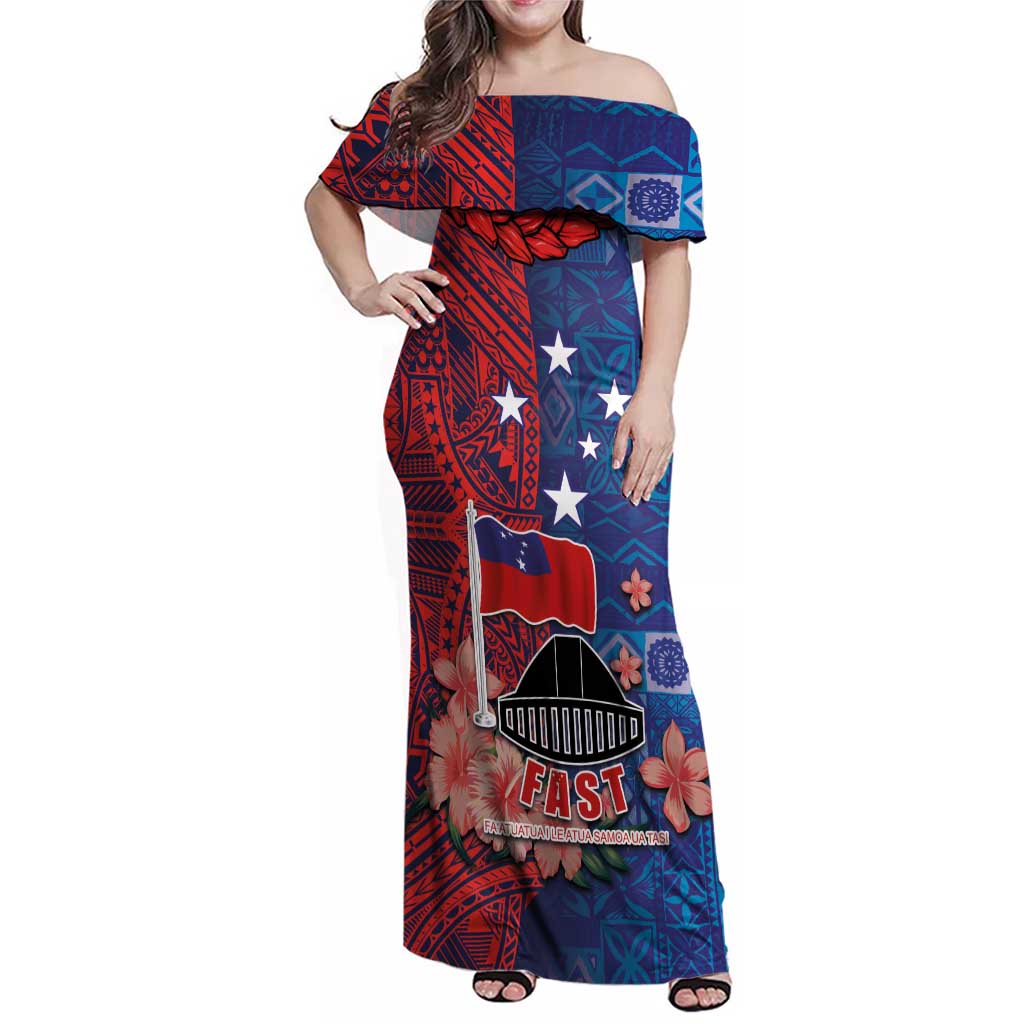 CHOGM FAST Samoa 2024 Family Matching Off Shoulder Maxi Dress and Hawaiian Shirt Samoan Tapa Tribal and Ornament Pattern with Hibiscus LT03 Mom's Dress Blue - Polynesian Pride